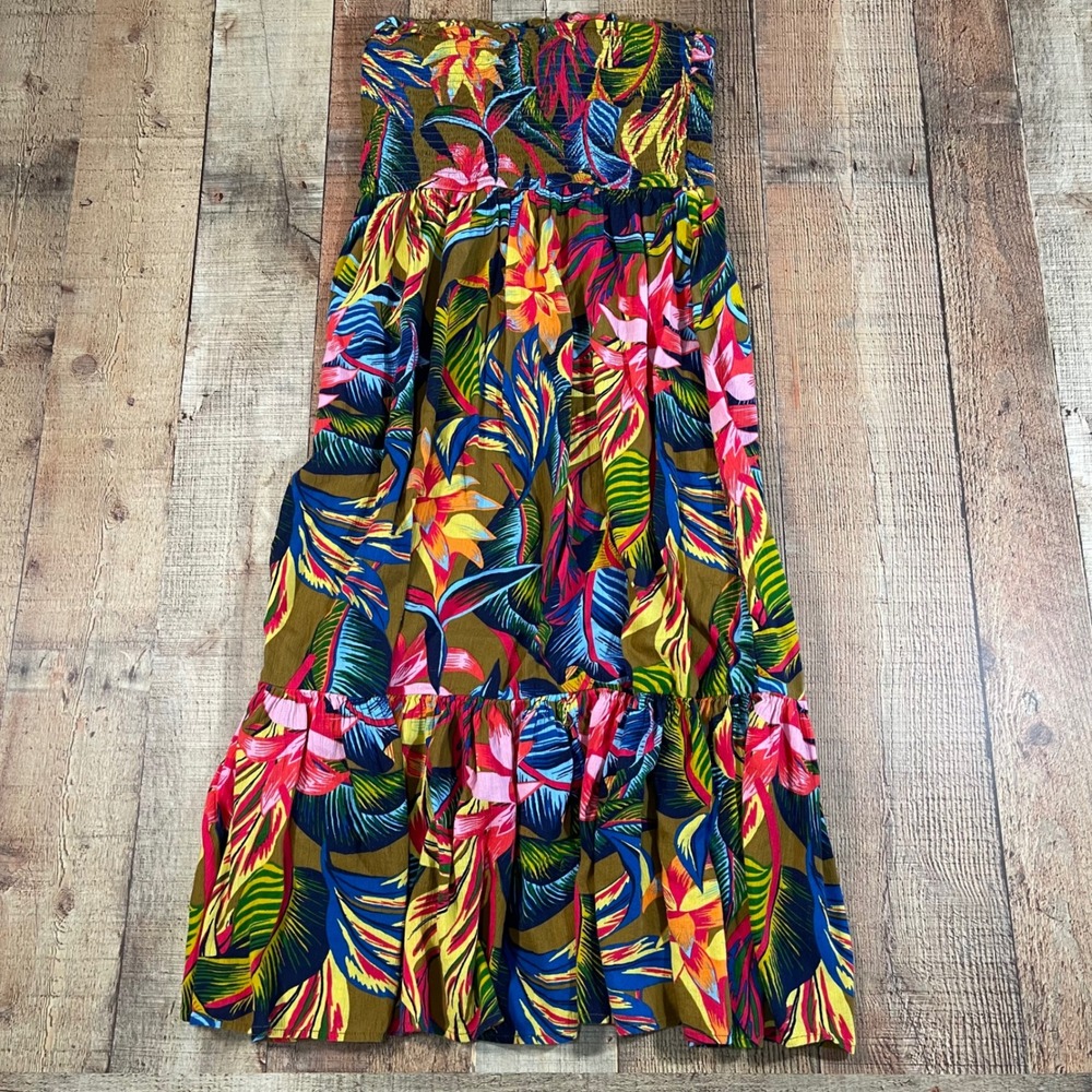 Aerie Tropical Floral Smocked Midi Dress Medium M Strapless Cotton Blend Tiered